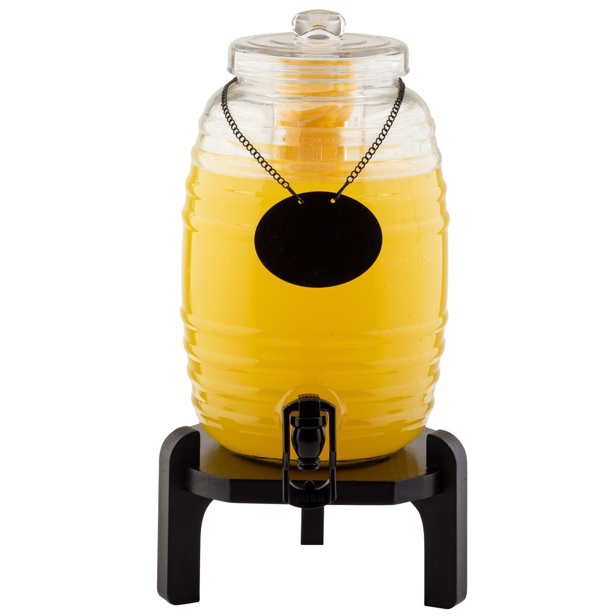 TableCraft BDG1000 beehive glass beverage dispenser filled with orange juice, shown on a black stand against a white background