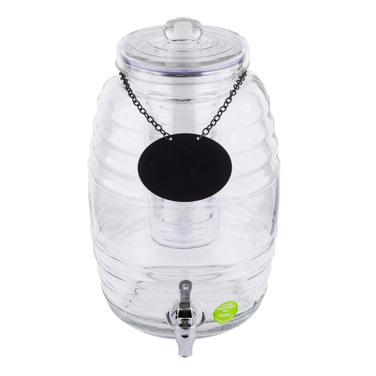 TableCraft BDG1000 beehive glass beverage dispenser with chrome faucet, glass lid, and chalkboard necklace on white background