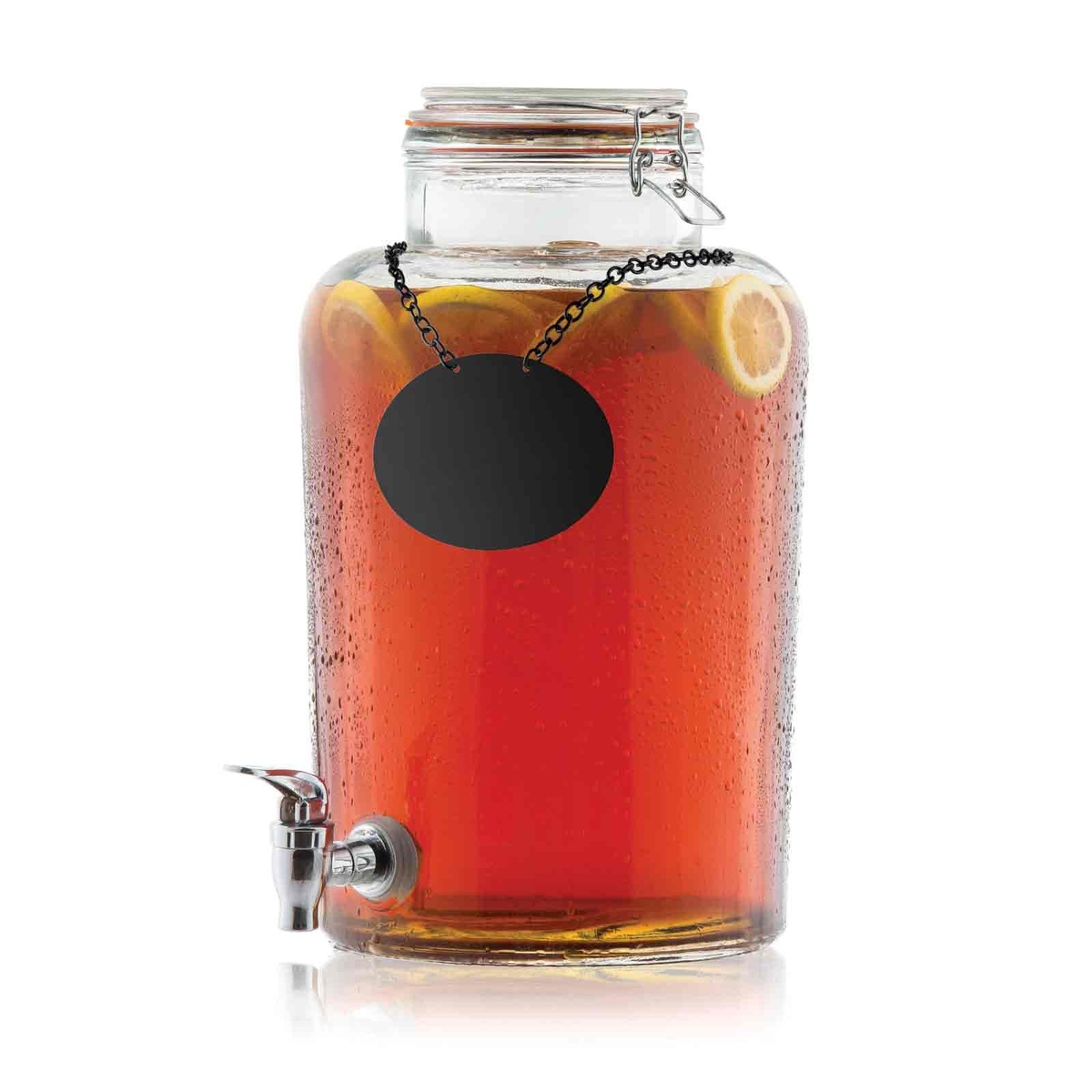 TableCraft BDG2000 glass beverage dispenser filled with iced tea and lemon slices, chalkboard necklace hanging from chain