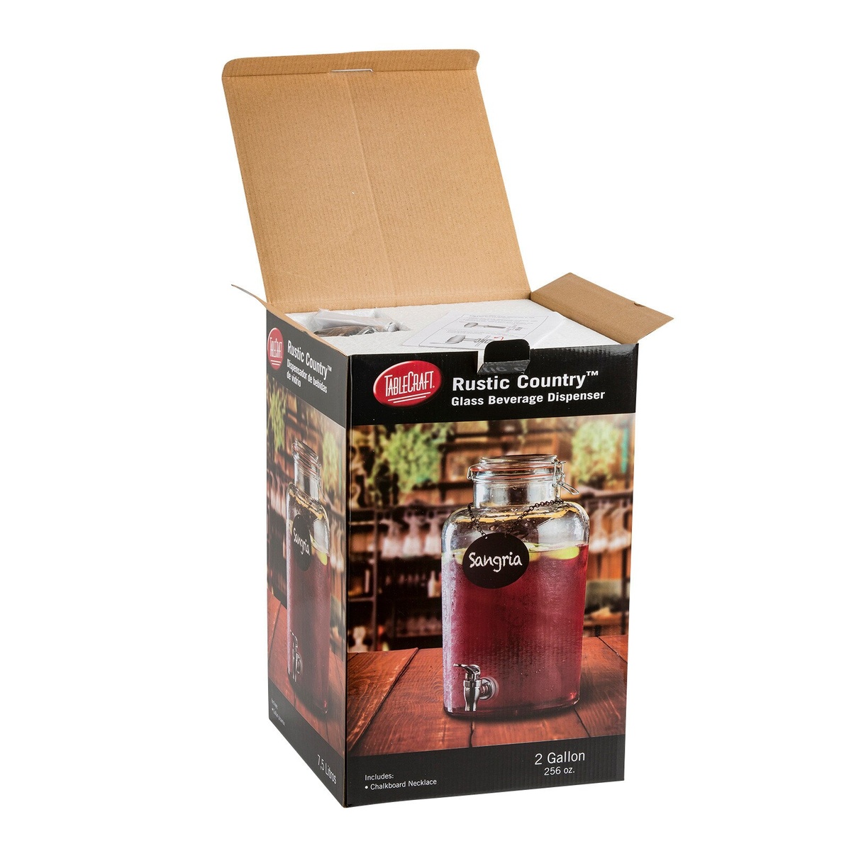 TableCraft BDG2000 Rustic Country Glass Beverage Dispenser in open retail packaging box showing product details