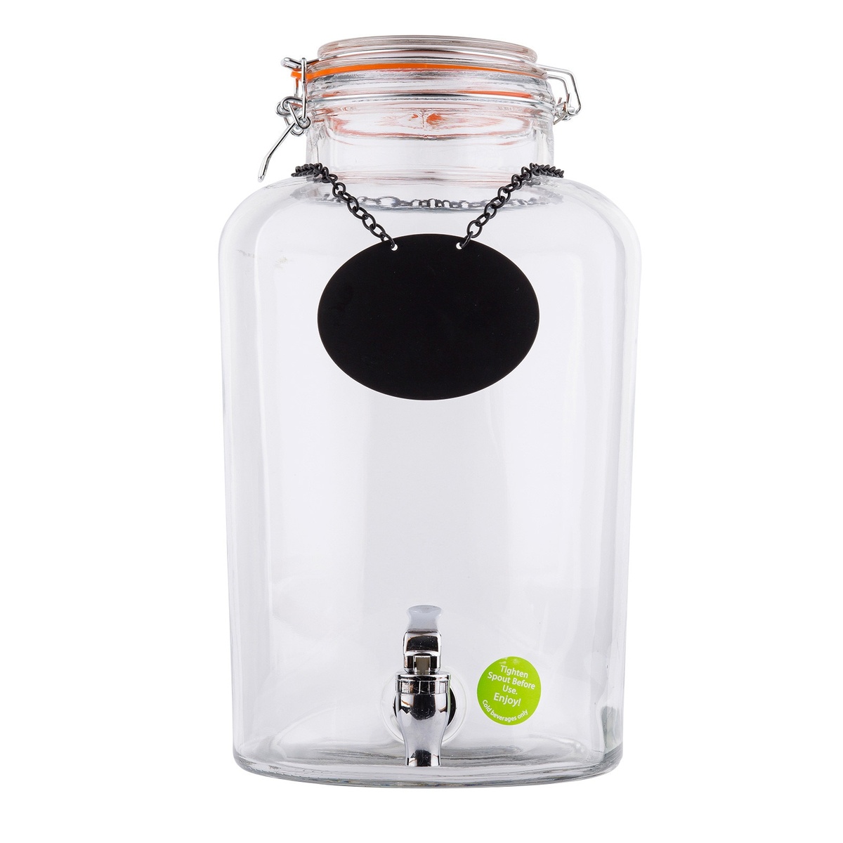 TableCraft BDG2000 Rustic Country glass beverage dispenser with chalkboard necklace and chrome spigot on white background
