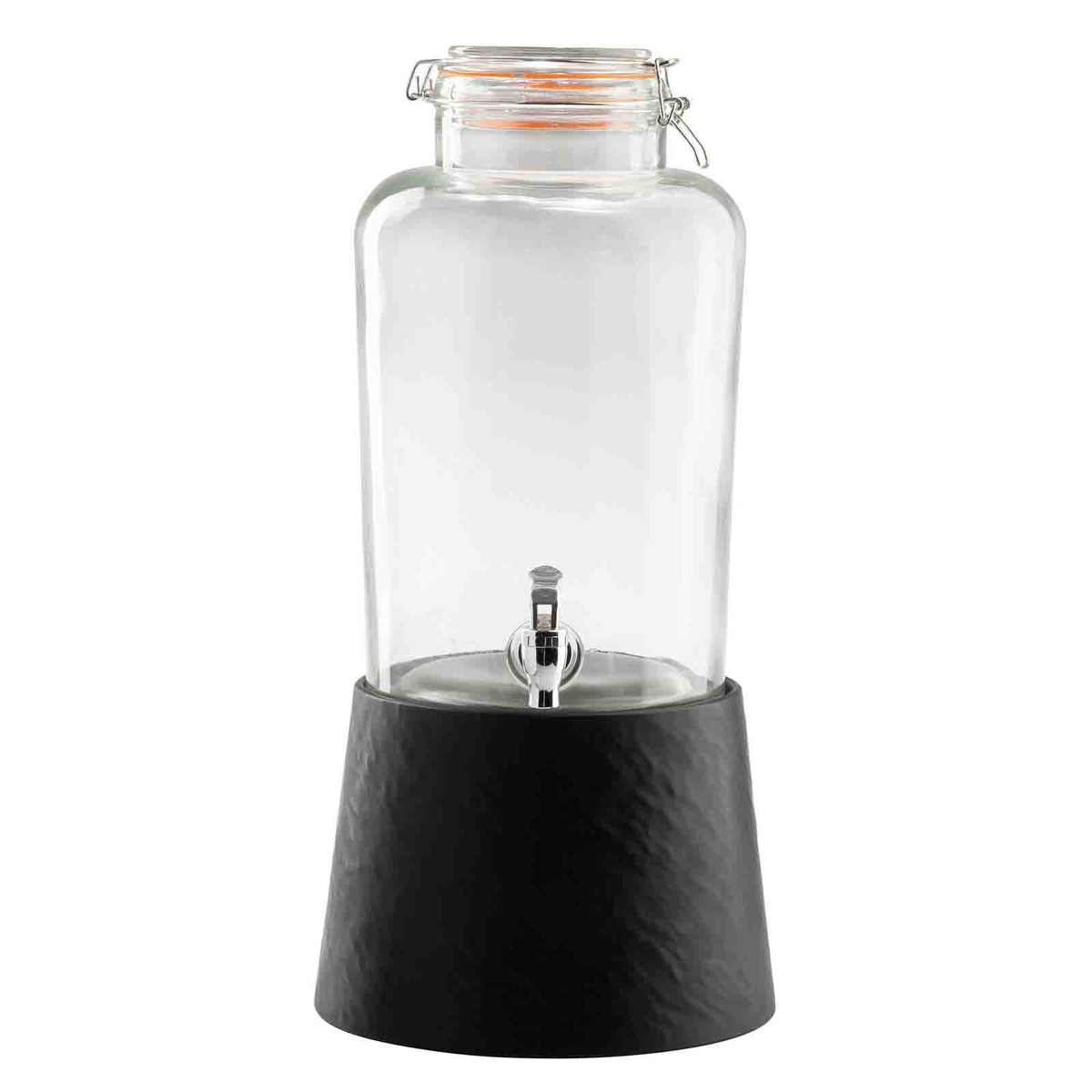 TableCraft BDG2000 glass beverage dispenser displayed on a textured black base with chrome spigot
