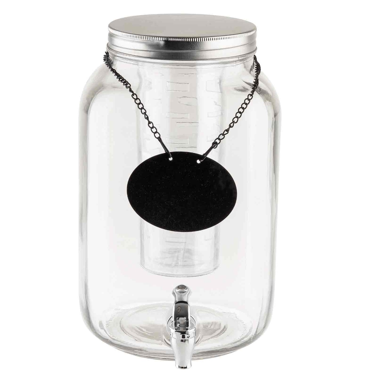 TableCraft BDG3000 2-gallon Mason Jar glass beverage dispenser with chrome spigot, screw-on lid, and black chalkboard necklace