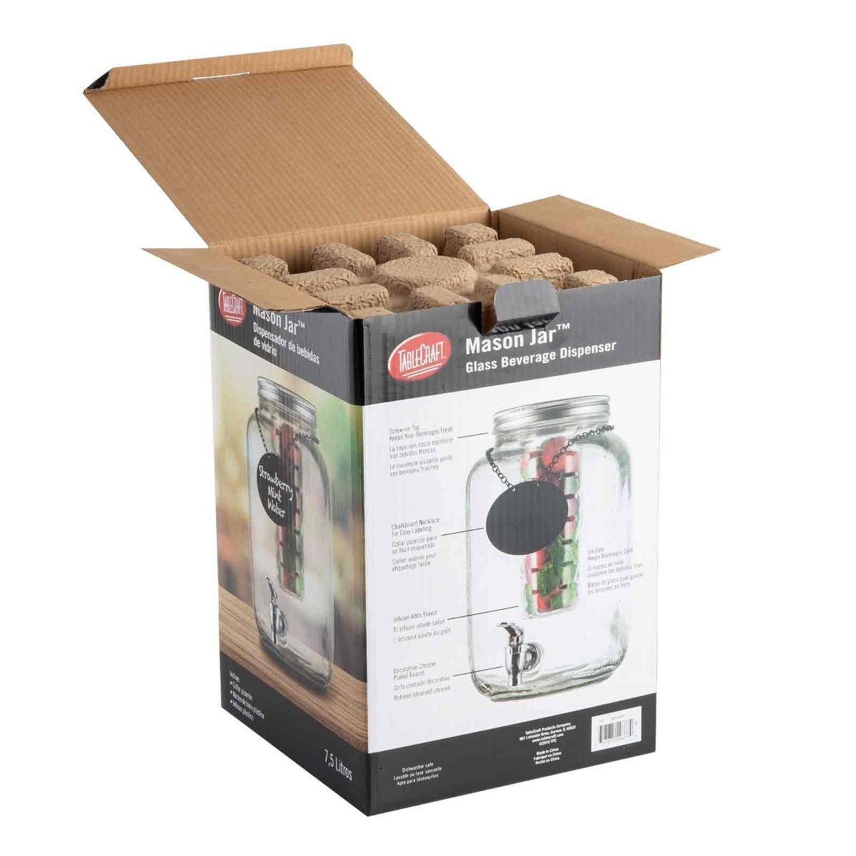 Open TableCraft Mason Jar beverage dispenser retail box showing secure packaging and product diagram with labeled features