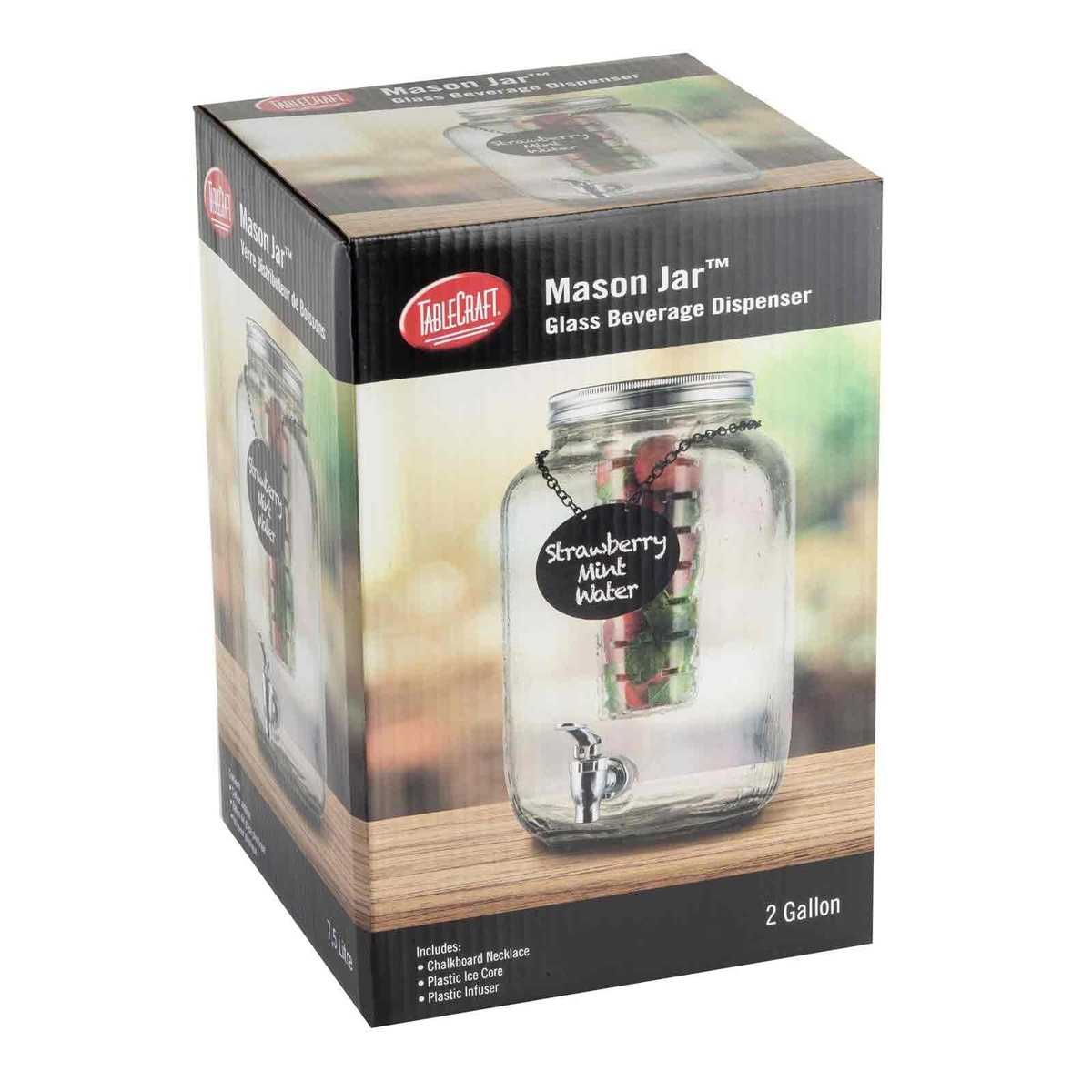 TableCraft Mason Jar Glass Beverage Dispenser retail packaging box showing 2-gallon product with infuser and chalkboard necklace