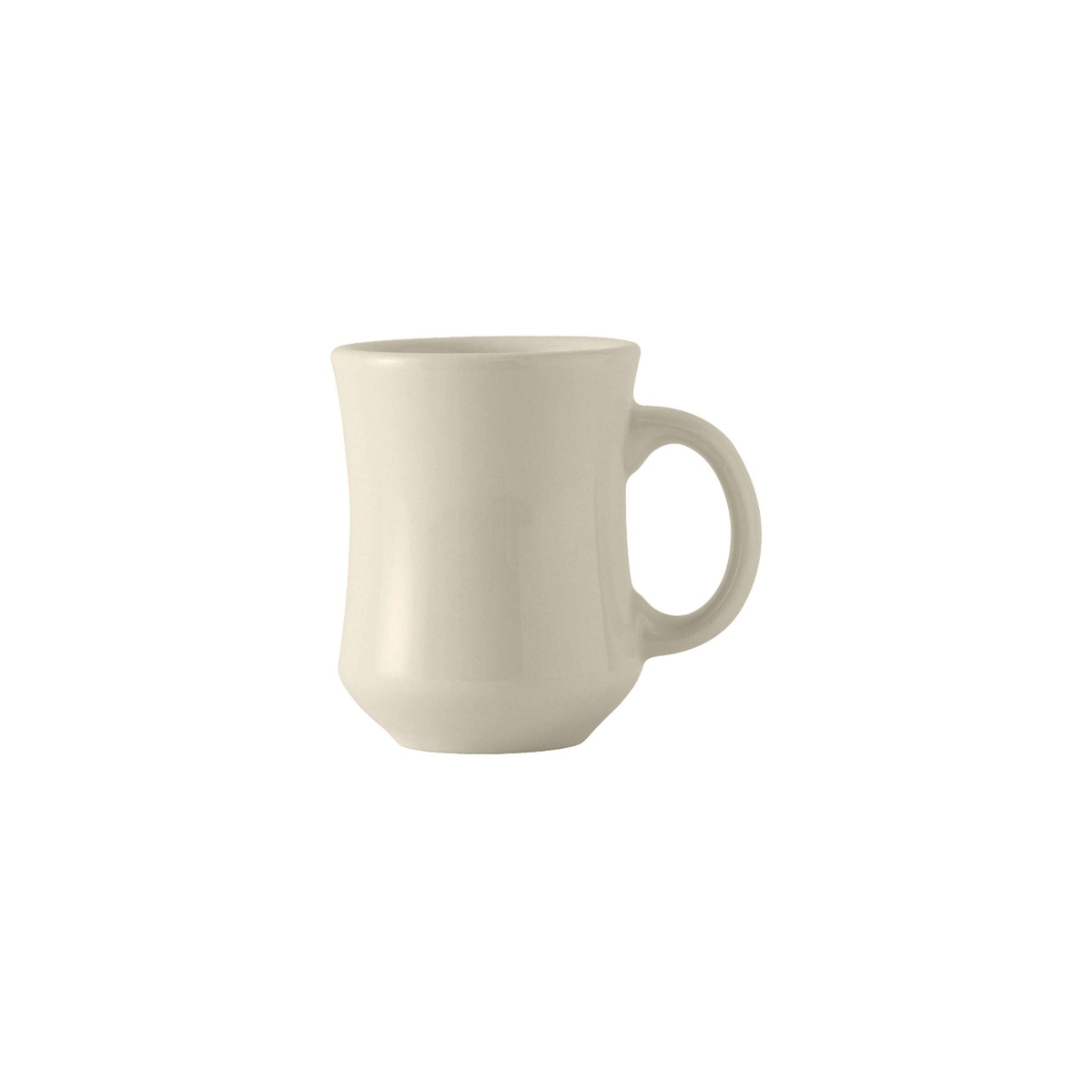 Tuxton BEM-0806 9 oz. Eggshell Princess Mug in vitrified ceramic with curved silhouette and loop handle