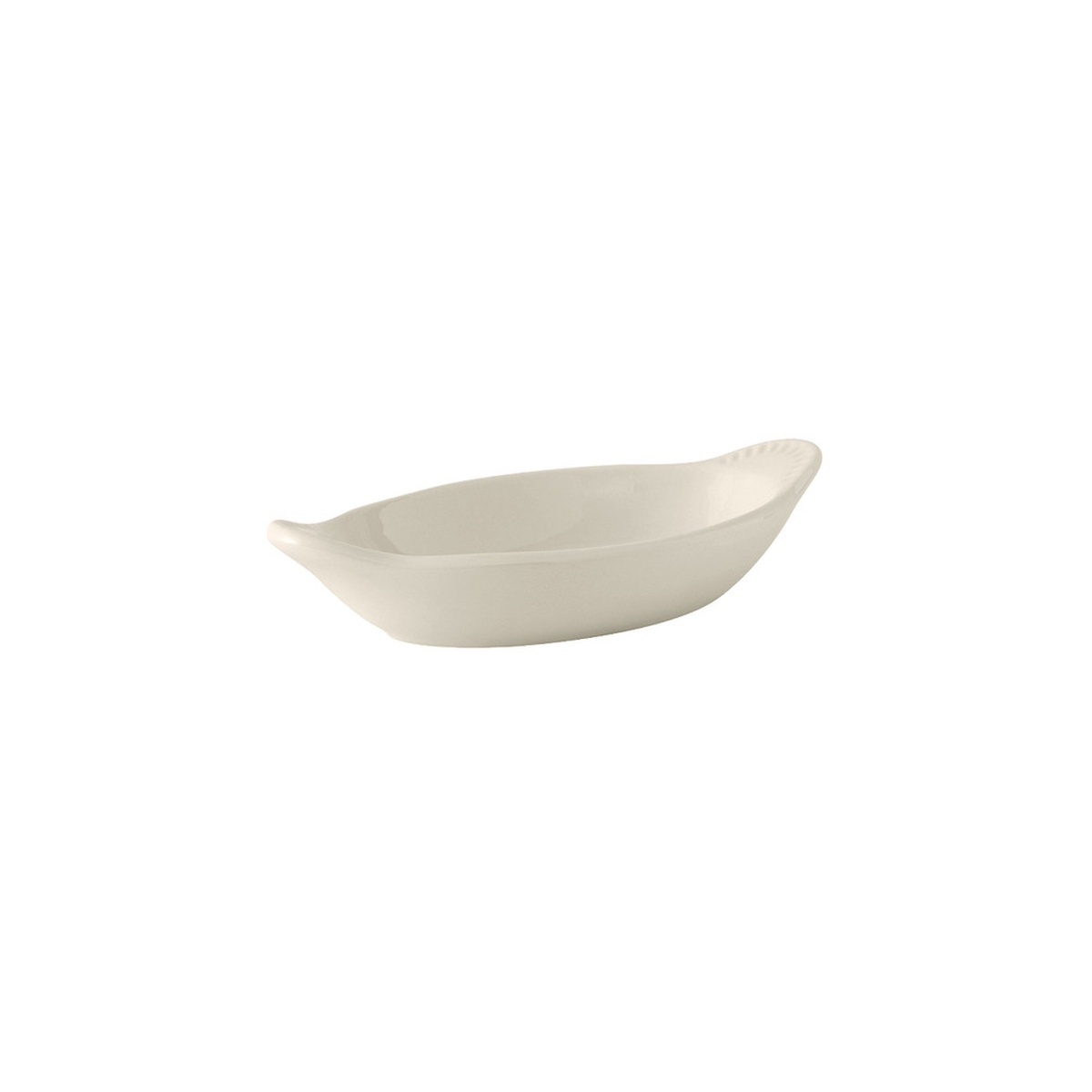 Tuxton BEN-045 American White/Eggshell oval ceramic Welsh Rarebit dish, 4.5 oz, side view on white background