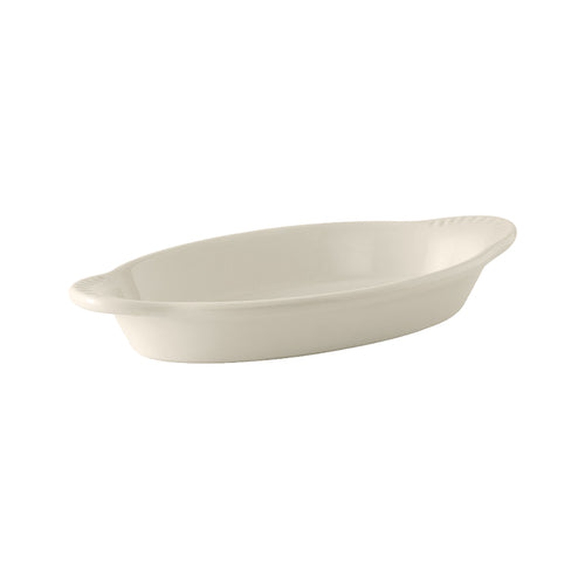 Tuxton China BEN-080 8 oz. oval Welsh Rarebit dish in American White/Eggshell with ribbed tab handles