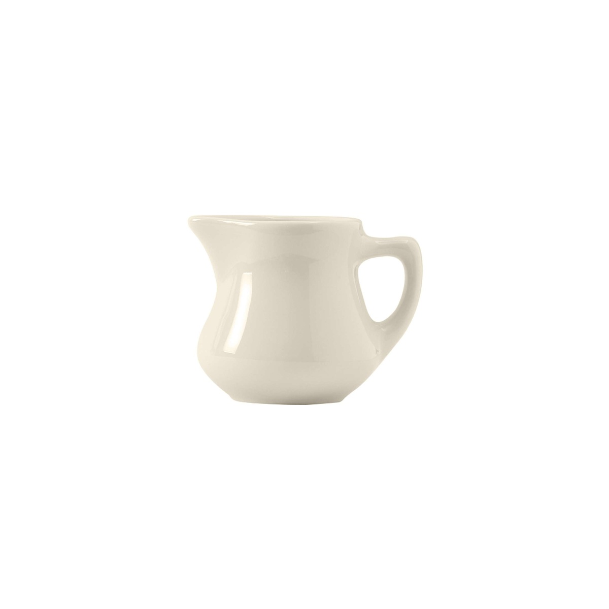Tuxton eggshell vitrified china creamer with handle and pour spout shown from the side