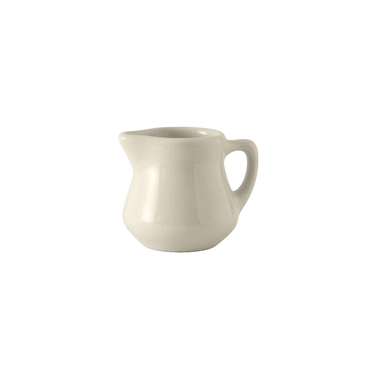 Tuxton BER-035 3.5 oz Eggshell vitrified china creamer with handle on white background