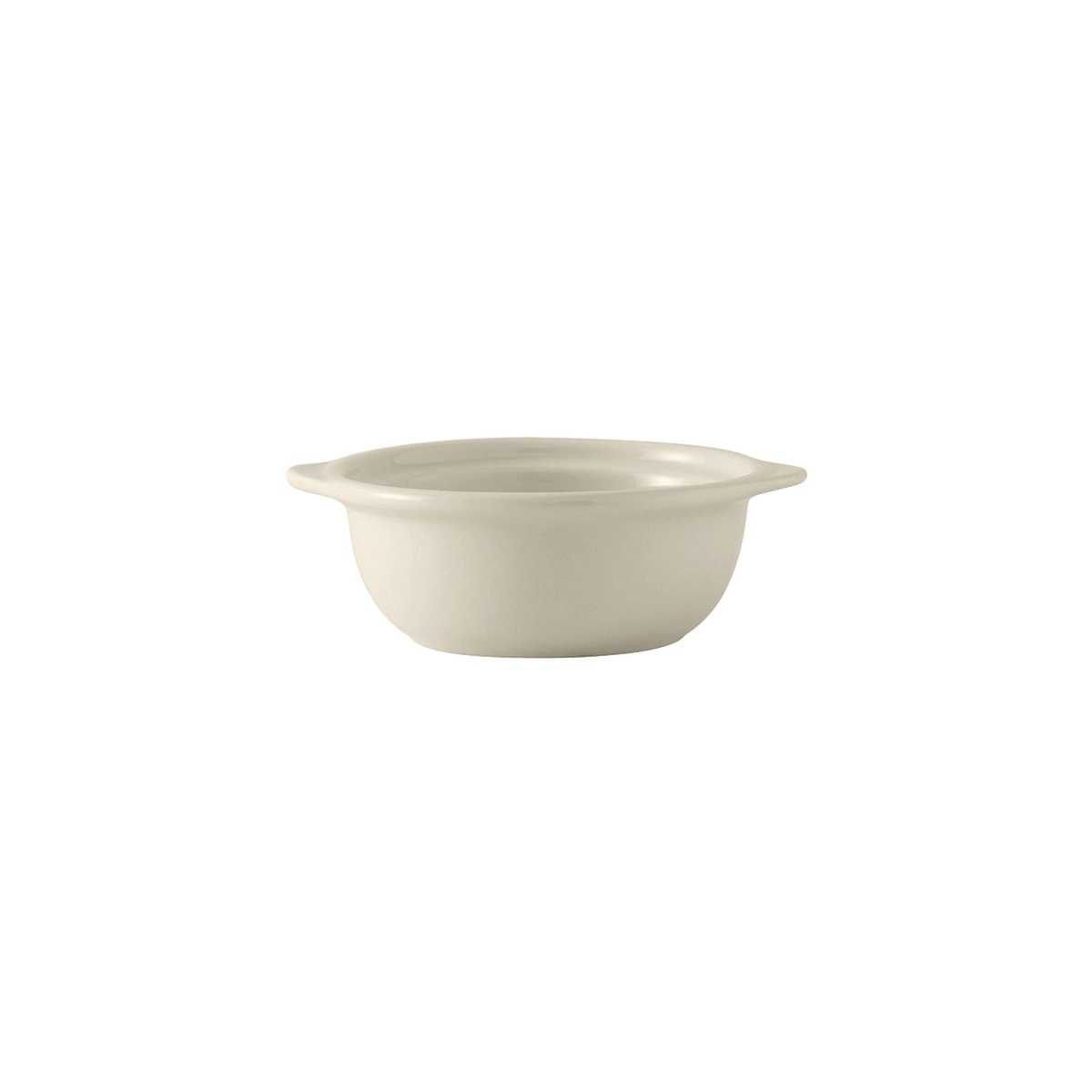 Tuxton BES-1006 8 oz eggshell ceramic onion soup crock with integrated handle, shown on white background