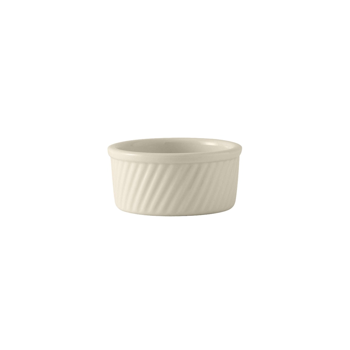 Tuxton BEX-0804 8 oz eggshell swirl souffle ramekin, top-angle view