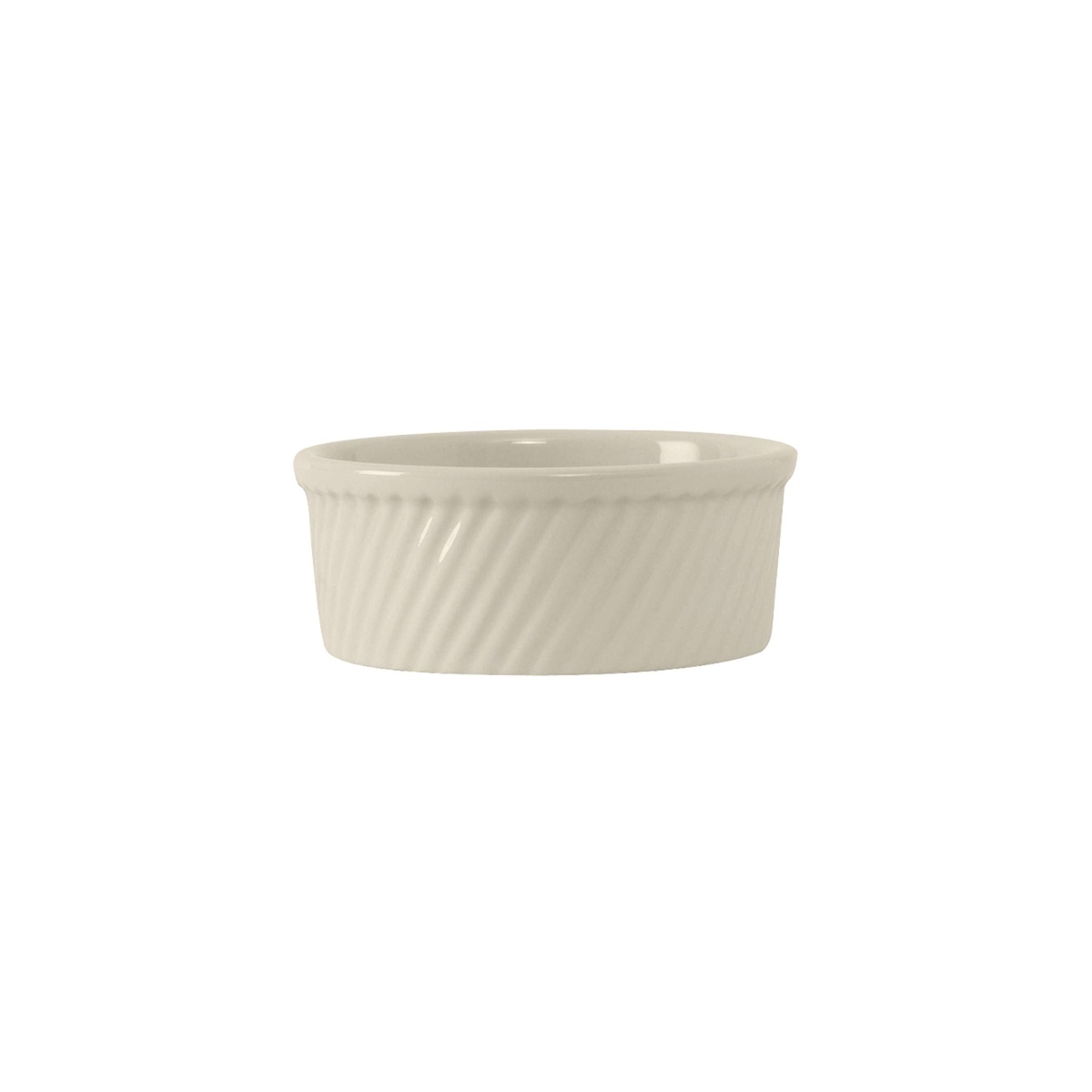Tuxton eggshell swirl souffle ramekin showing rolled rim detail and interior depth