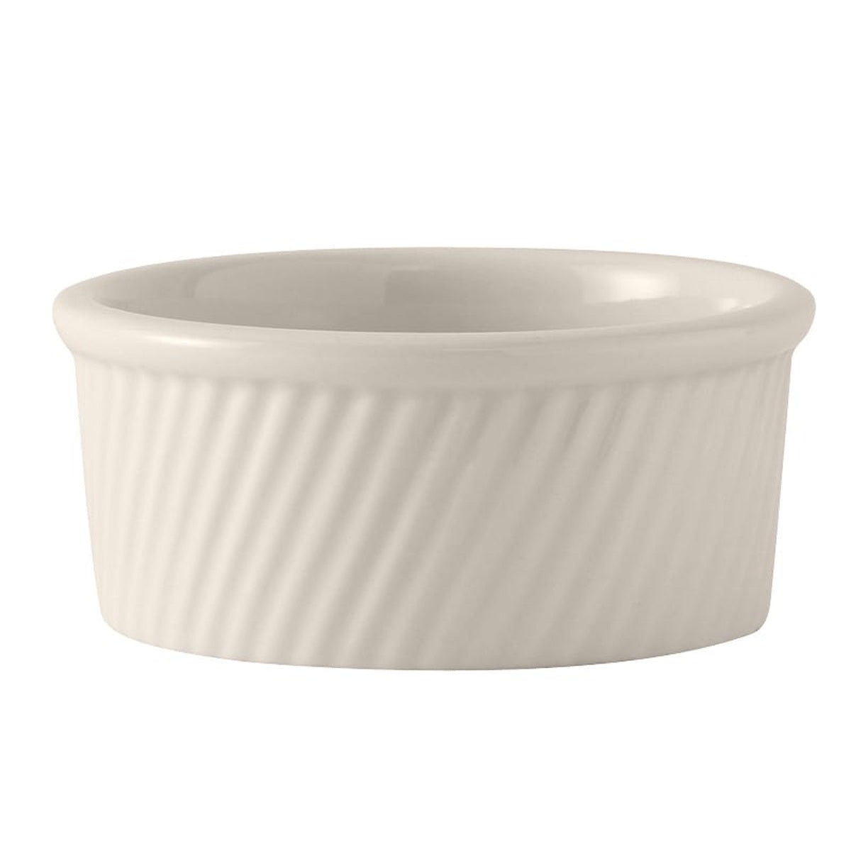 Tuxton BEX-1604 eggshell swirl souffle dish side view showing embossed diagonal swirl pattern