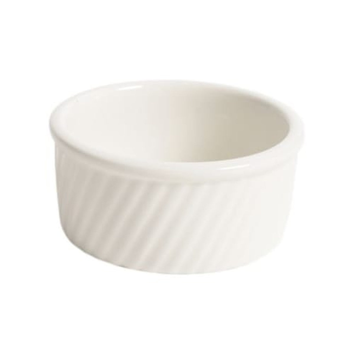 Tuxton BEX-1604 eggshell swirl souffle dish three-quarter angle view showing interior and rim