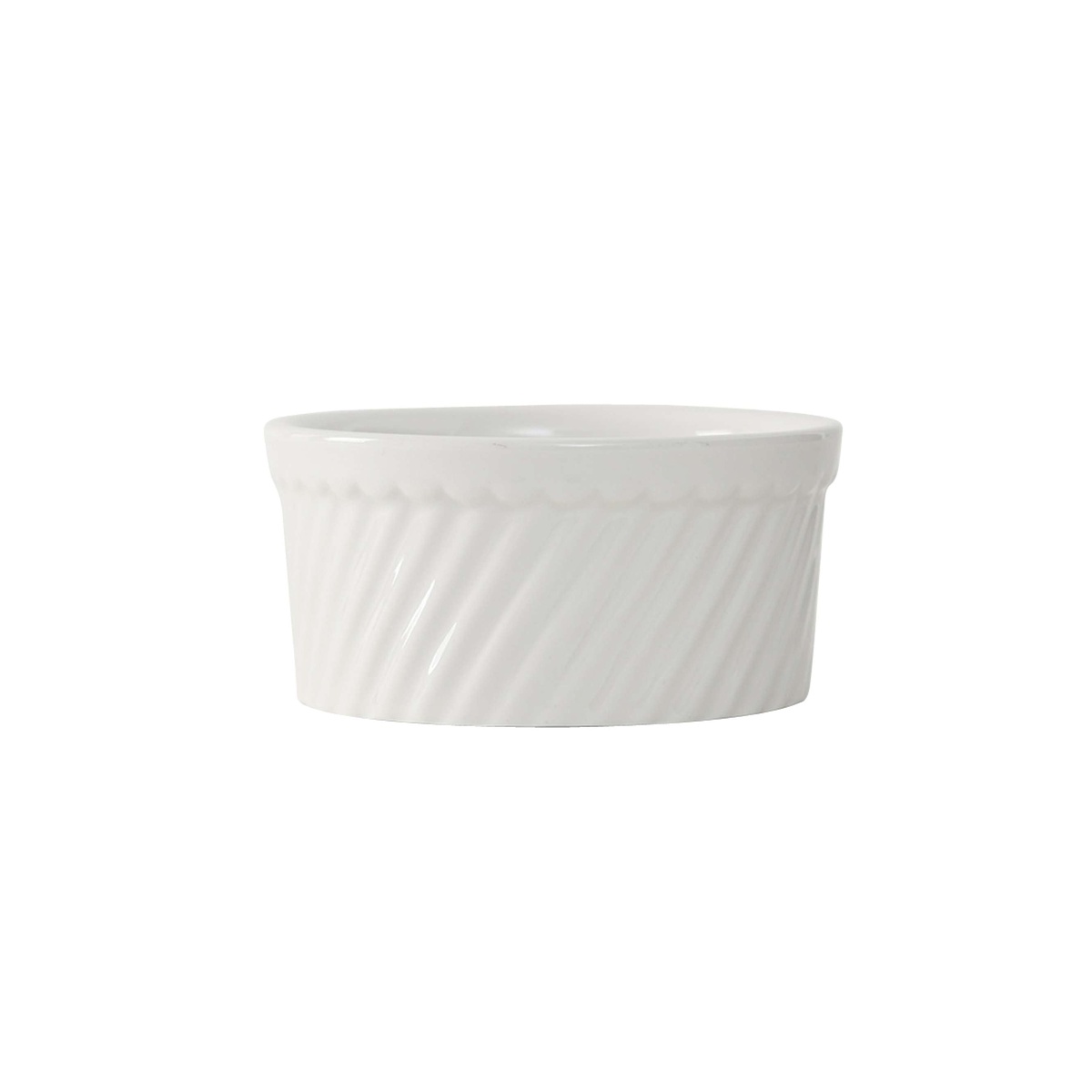 Tuxton white swirl souffle bowl viewed from a close angle showing the embossed swirl texture and wide rim detail
