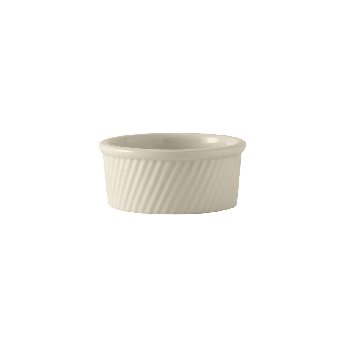 Tuxton eggshell swirl souffle ramekin bowl shown from a slightly elevated angle, displaying the swirl texture on the exterior