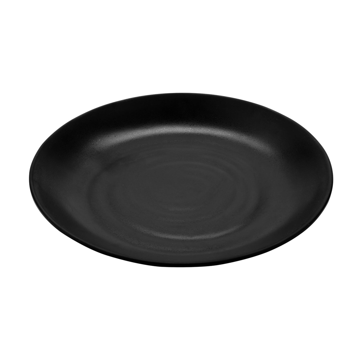 GET BF-10-BK Nara 10-inch black matte round melamine plate, angled side view showing concentric circle texture