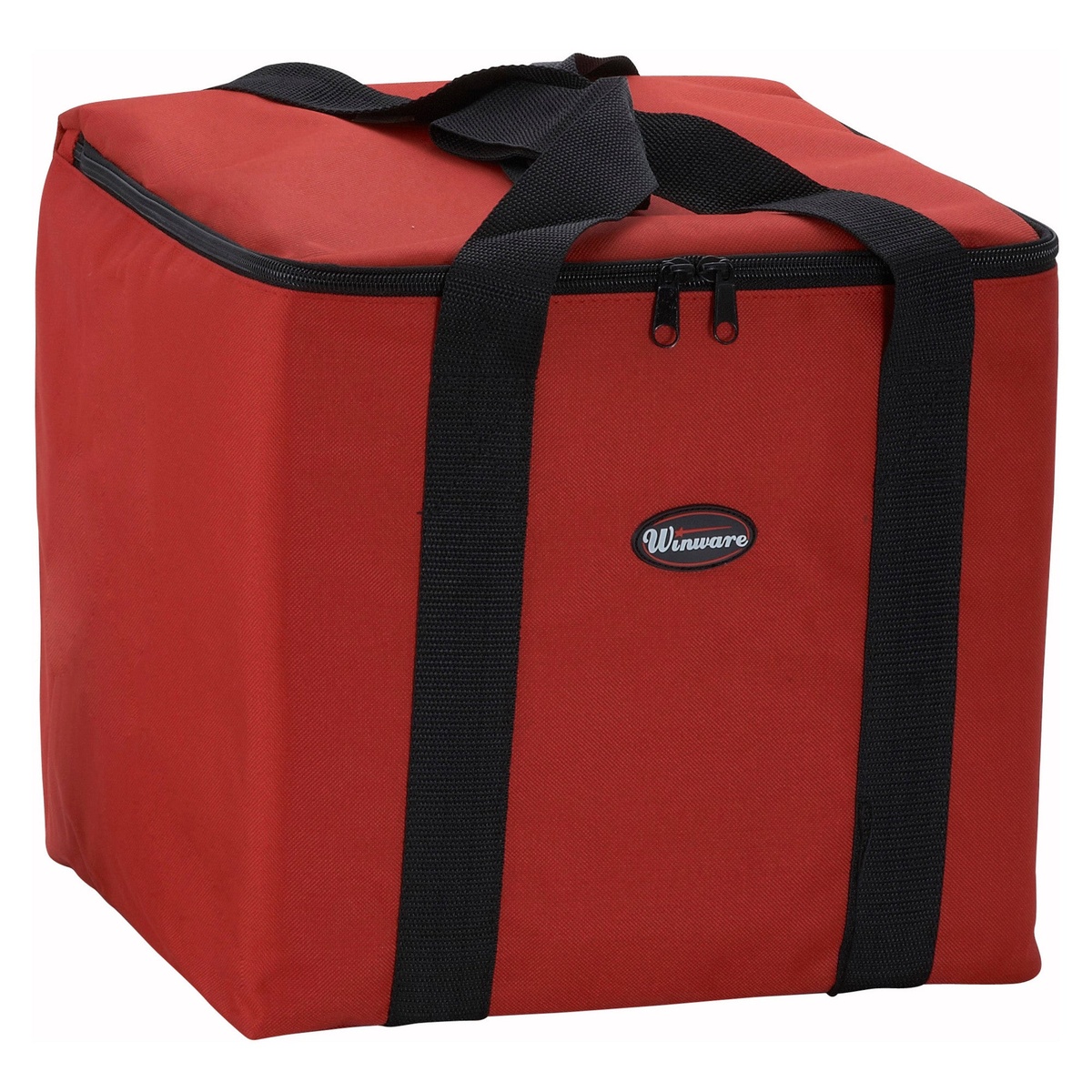 Winco BGDV-12 red insulated pizza delivery bag with black zip closure and carry handles