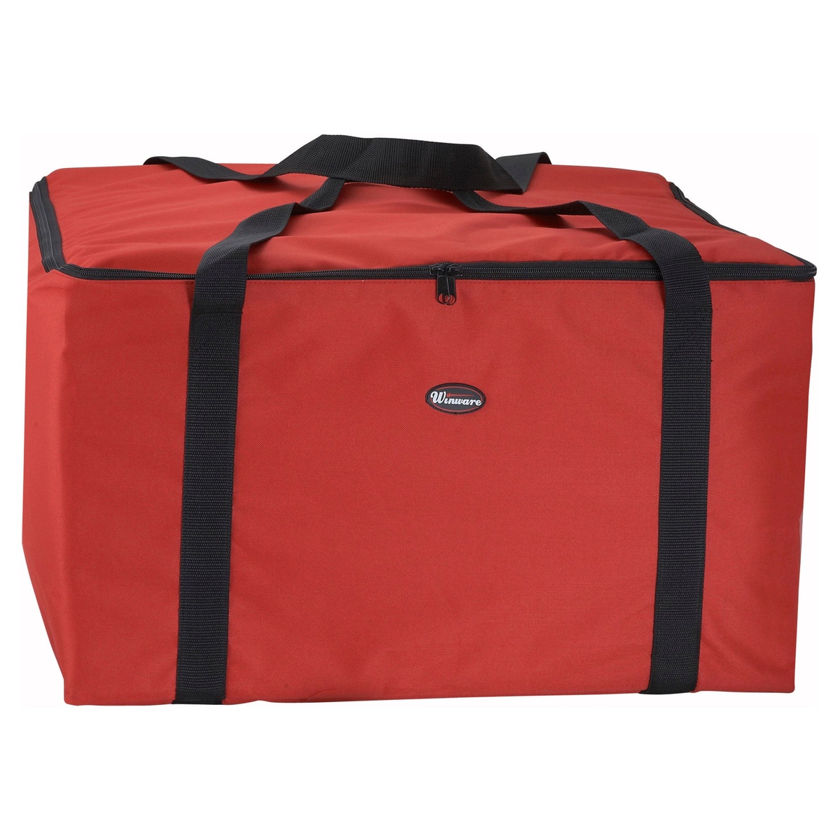 Winco BGDV-22 red insulated food delivery bag with black carry handles and zipper closure
