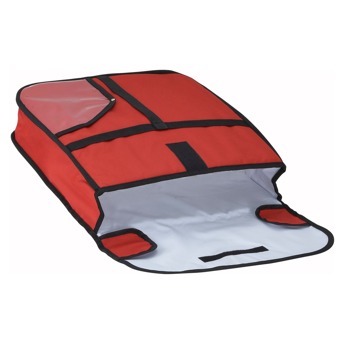 Winco BGPZ-18 red insulated pizza delivery bag open showing white insulated interior lining and velcro closure