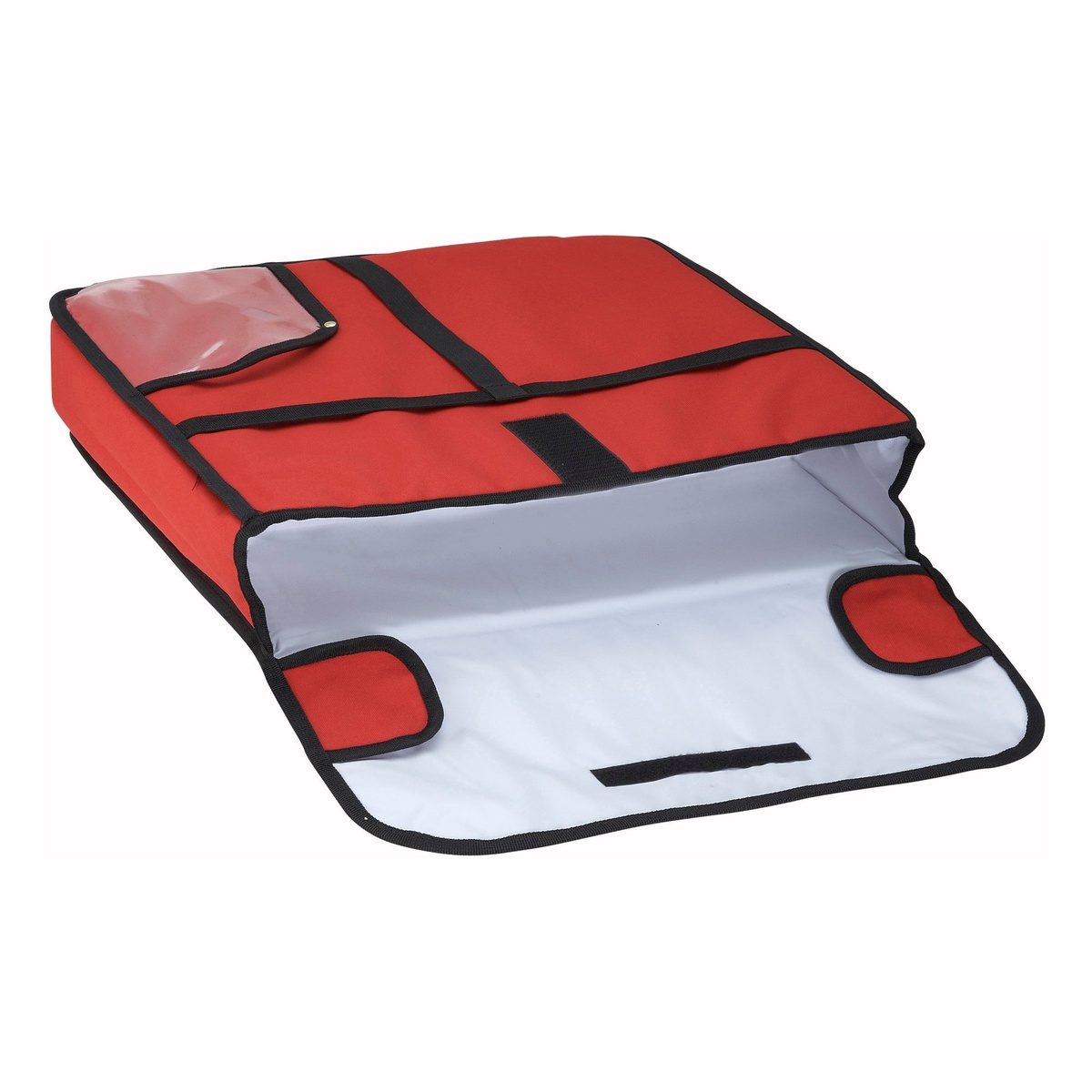 Winco BGPZ-20 red insulated pizza delivery bag shown open, revealing white insulated interior lining and Velcro closure
