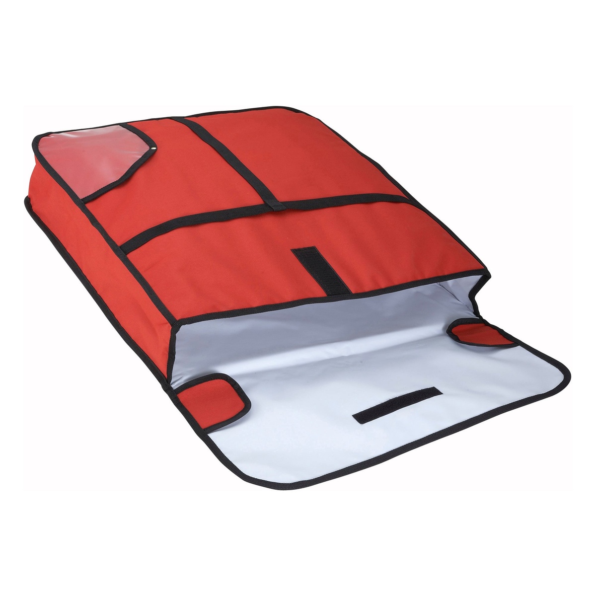 Winco BGPZ-24 red pizza delivery bag shown open, revealing silver insulated interior lining and Velcro closure