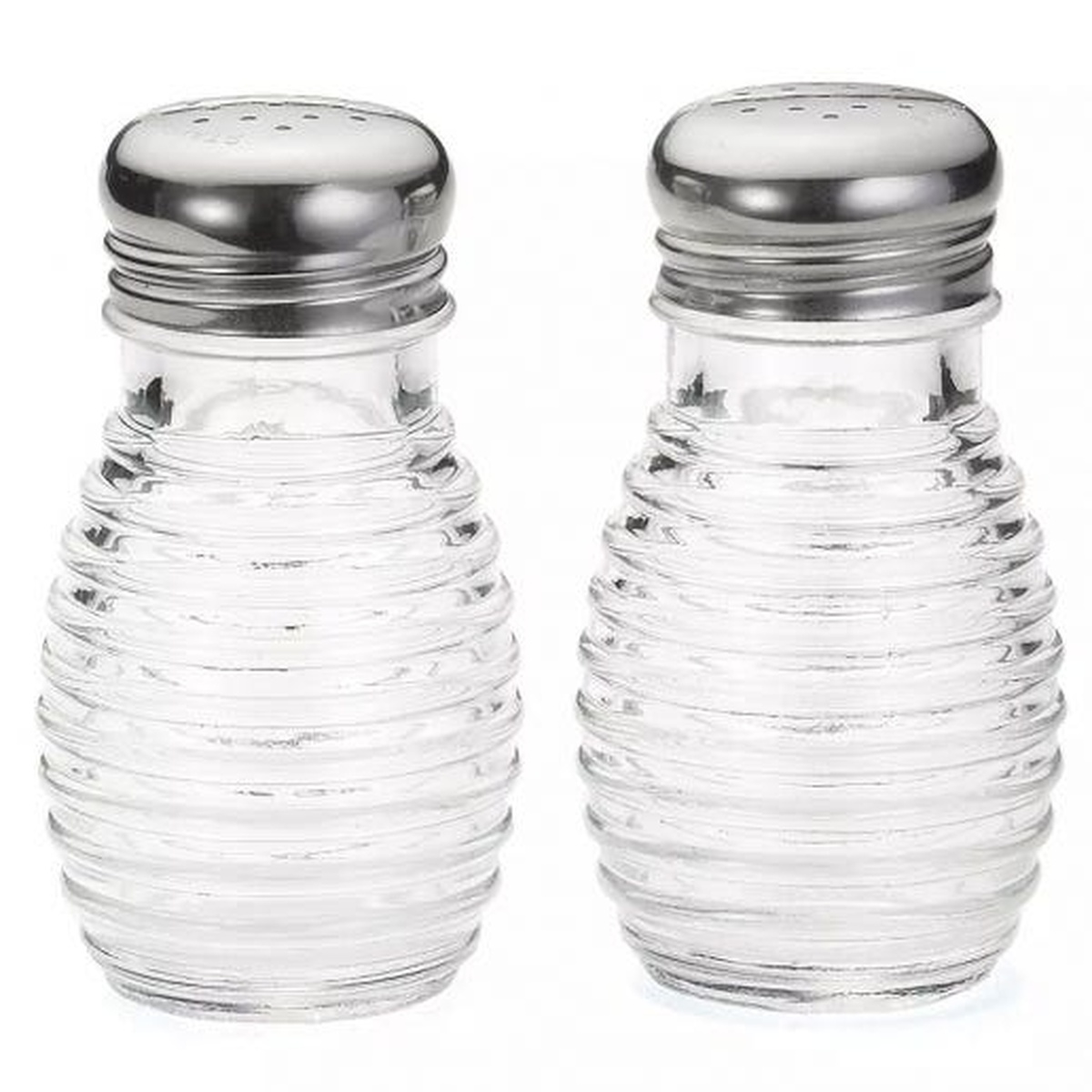 Pair of Tablecraft BH2 Beehive Collection 2 oz glass salt and pepper shakers with stainless steel lids