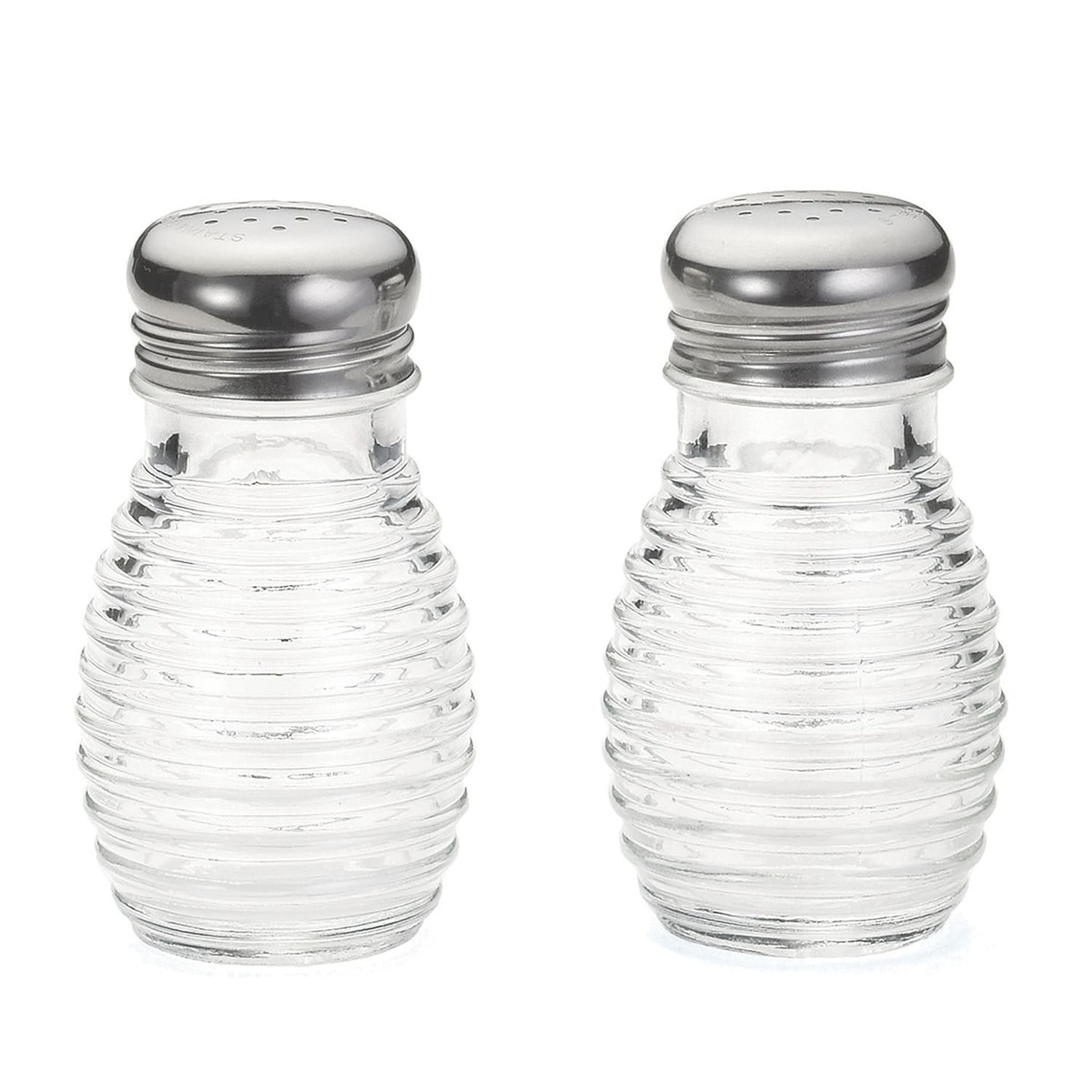 Pair of Tablecraft BH2 Beehive Collection clear glass salt and pepper shakers with stainless steel tops
