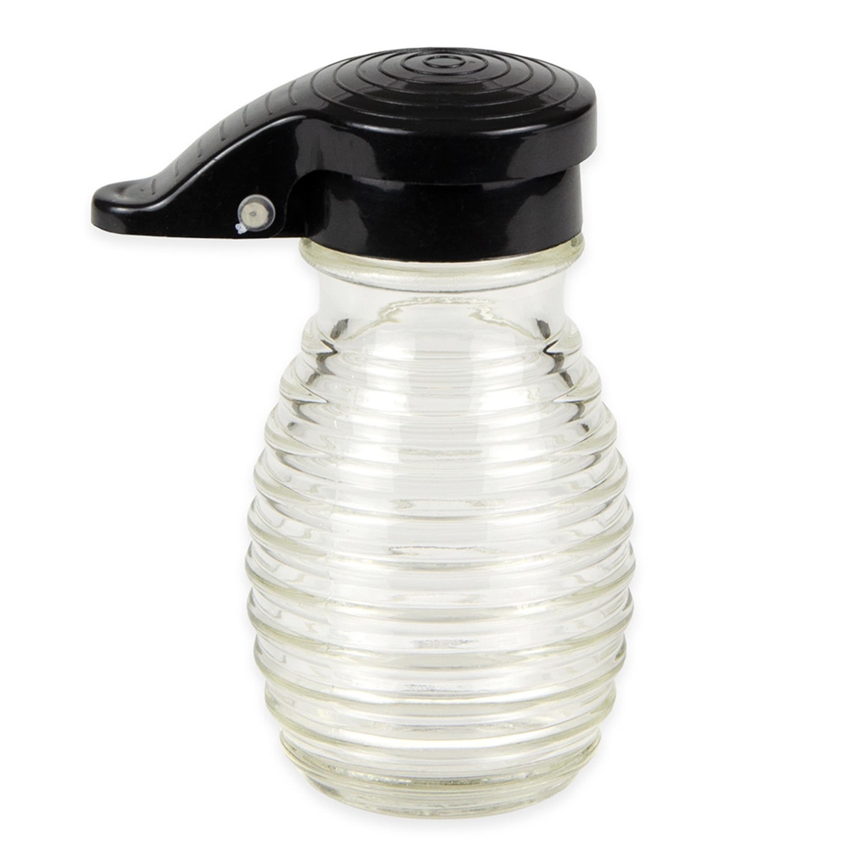 Tablecraft BH2MPBK beehive glass shaker angled view showing the open black ABS flip top lid