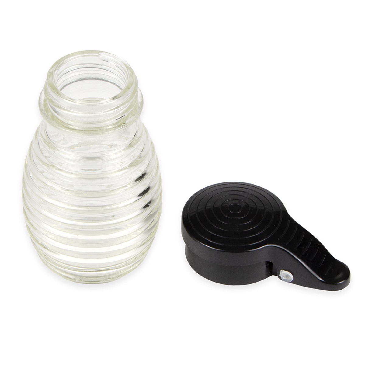 Tablecraft BH2MPBK beehive glass shaker disassembled showing glass body and detached black ABS flip top lid