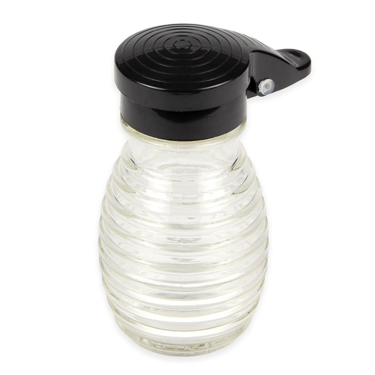 Tablecraft BH2MPBK beehive glass shaker with black ABS flip top lid closed, front view