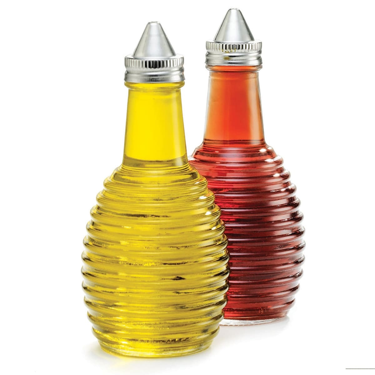Tablecraft BH3 Beehive Collection glass oil and vinegar dispensers with stainless steel tops, one filled with yellow oil and one with red-brown vinegar