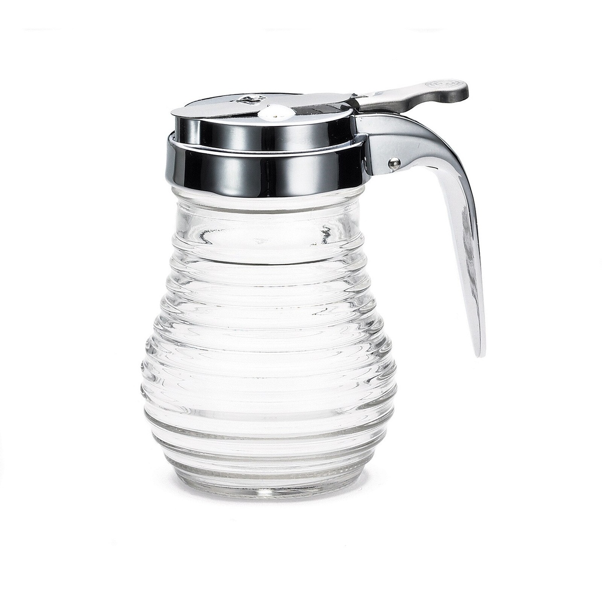 Tablecraft BH7 clear glass beehive syrup dispenser with chrome-plated ABS top and thumb lever handle