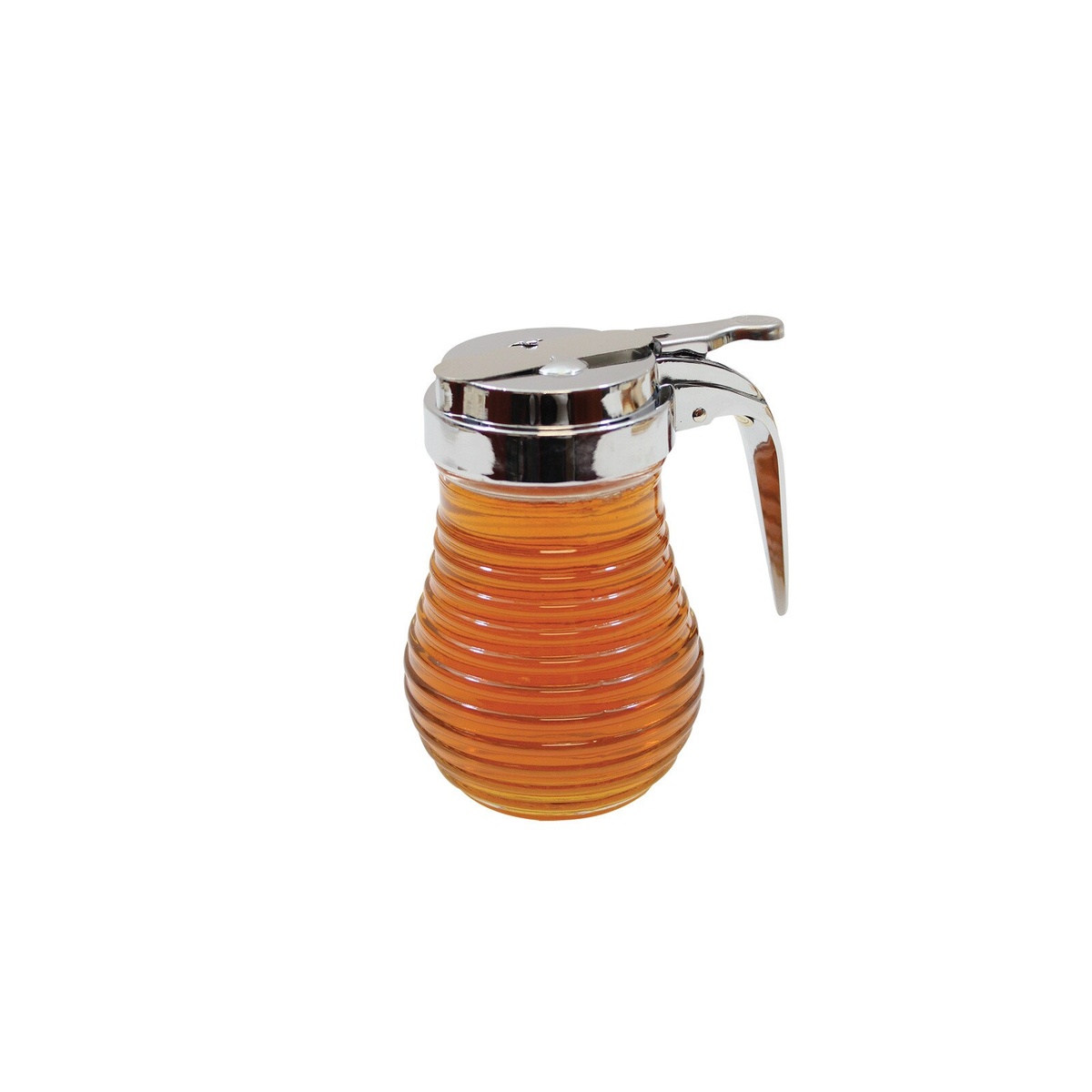 Tablecraft BH7 beehive glass syrup dispenser filled with golden honey or maple syrup, chrome top visible