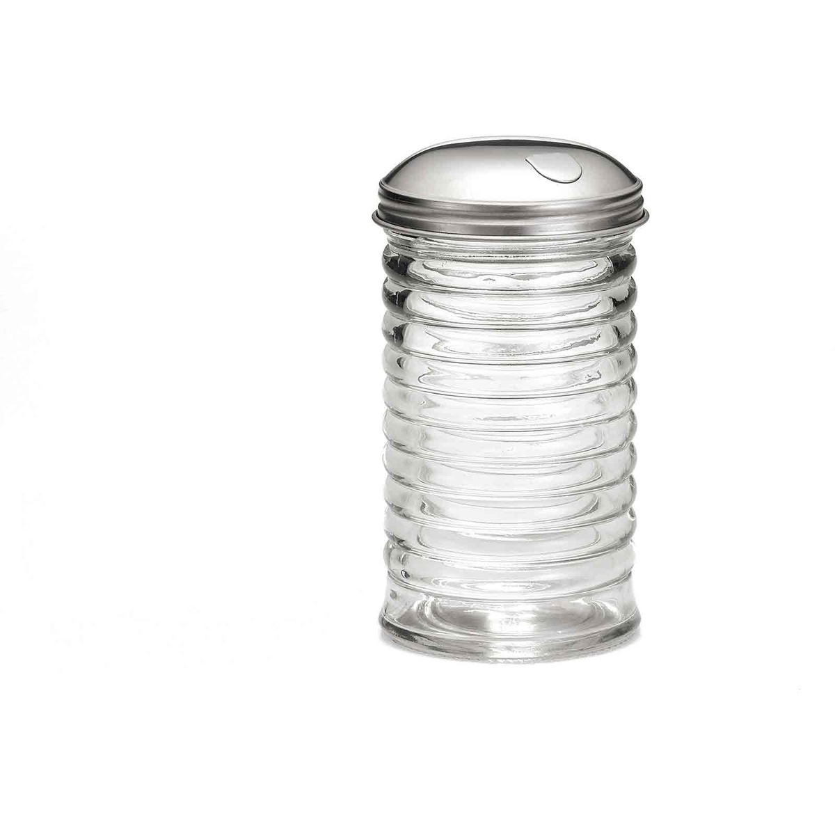 TableCraft BH857 12 oz clear glass beehive sugar pourer with stainless steel side-flap top on white background