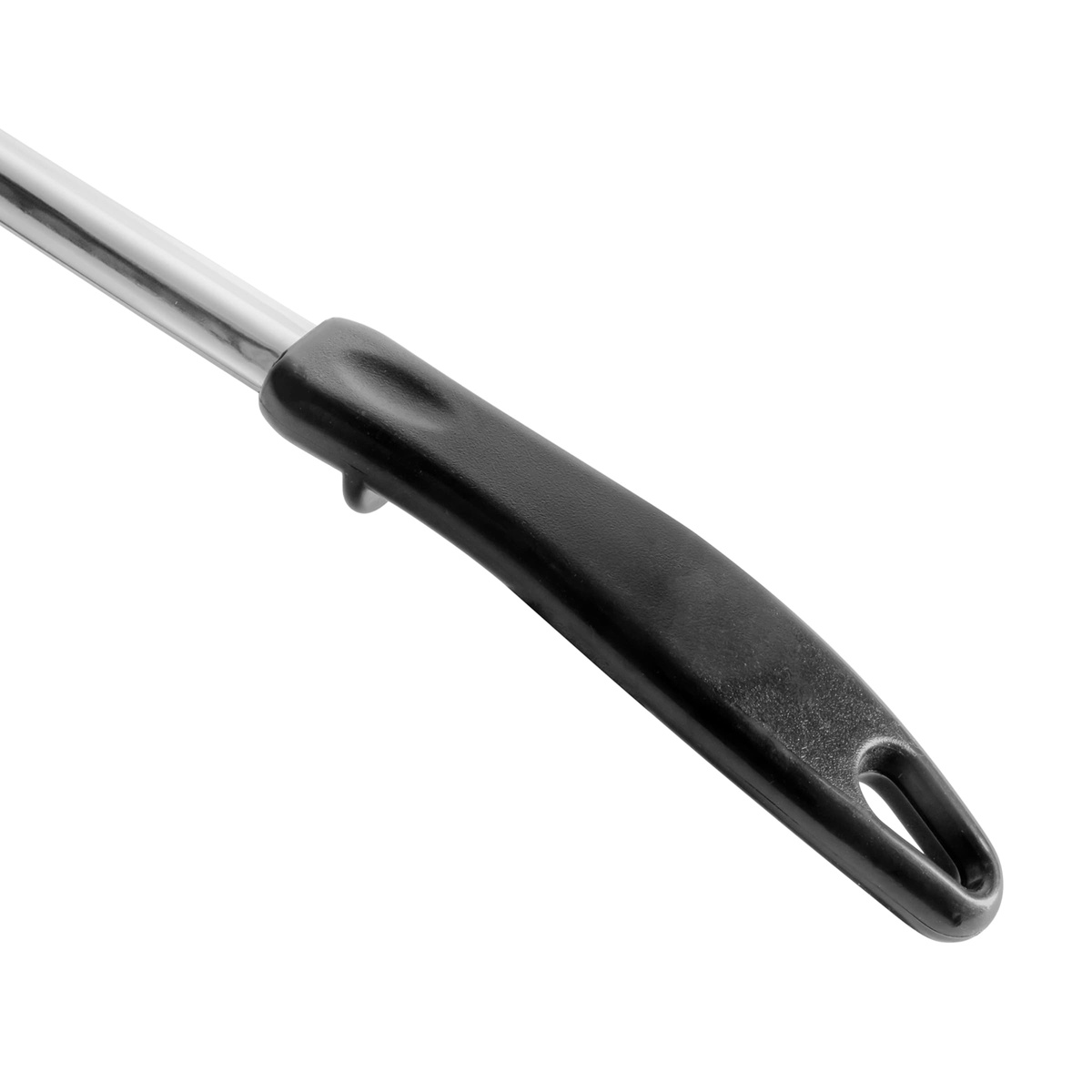 Close-up detail of the black polypropylene handle and stop hook on the Winco BHOP-15 basting spoon