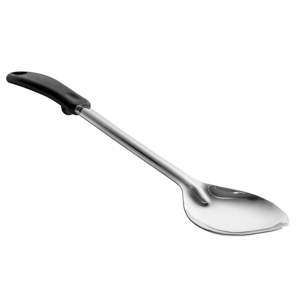 Winco BHOP-15 15-inch solid stainless steel basting spoon with black polypropylene handle on white background