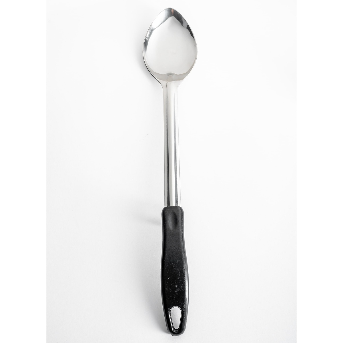 Top-down view of the Winco BHOP-15 basting spoon laid flat showing full length from spoon bowl to black handle