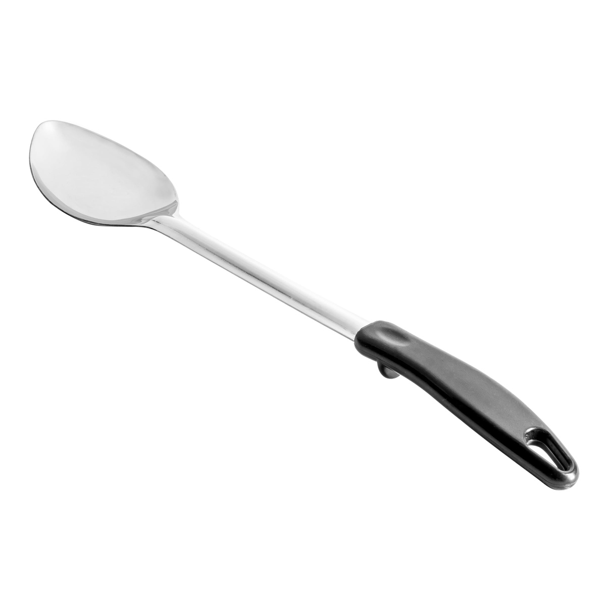 Winco BHOP-15 solid basting spoon shown at an angle highlighting the stainless steel bowl and black handle with stop hook