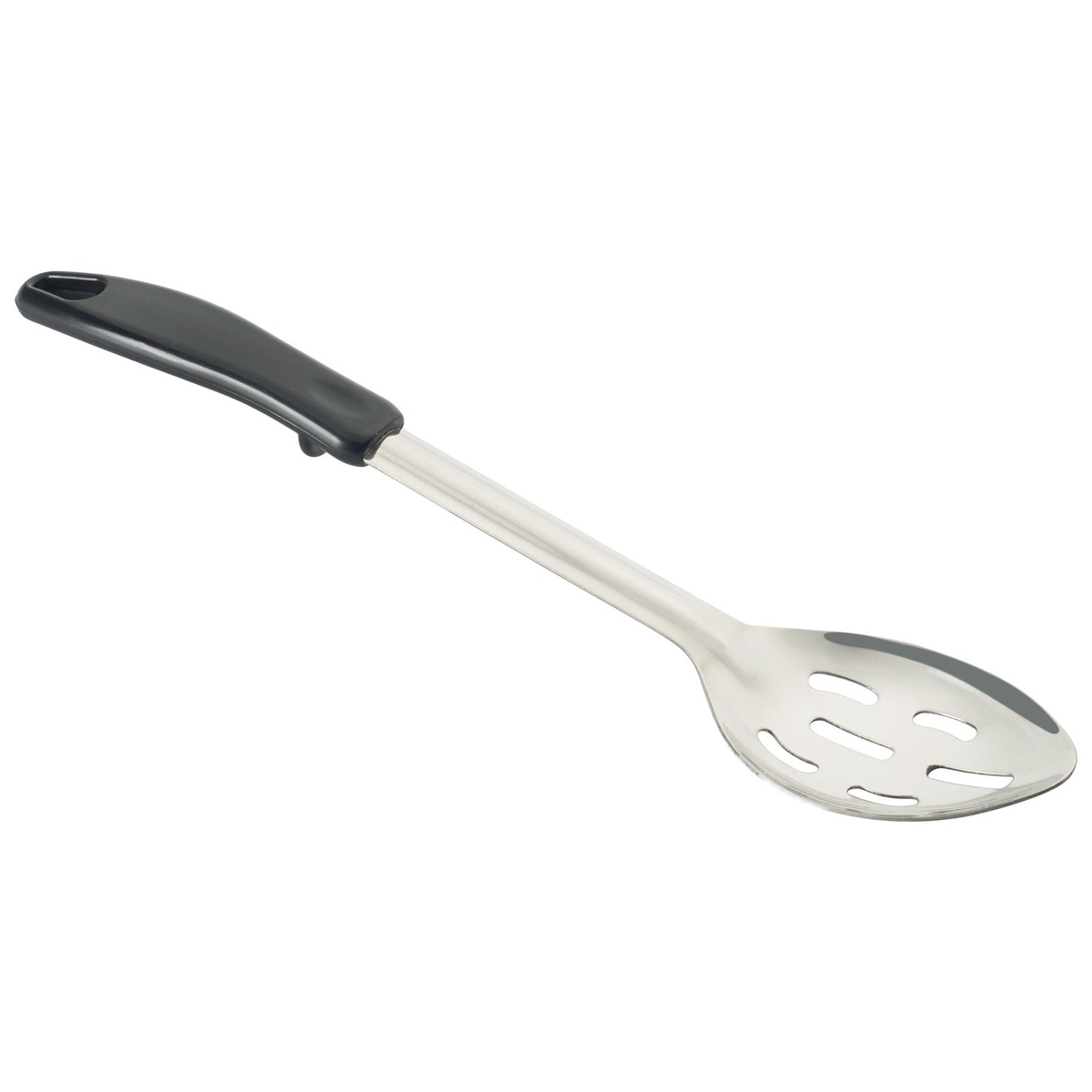 Winco BHSP-13 13-inch slotted basting spoon with black polypropylene stop-hook handle and stainless steel bowl