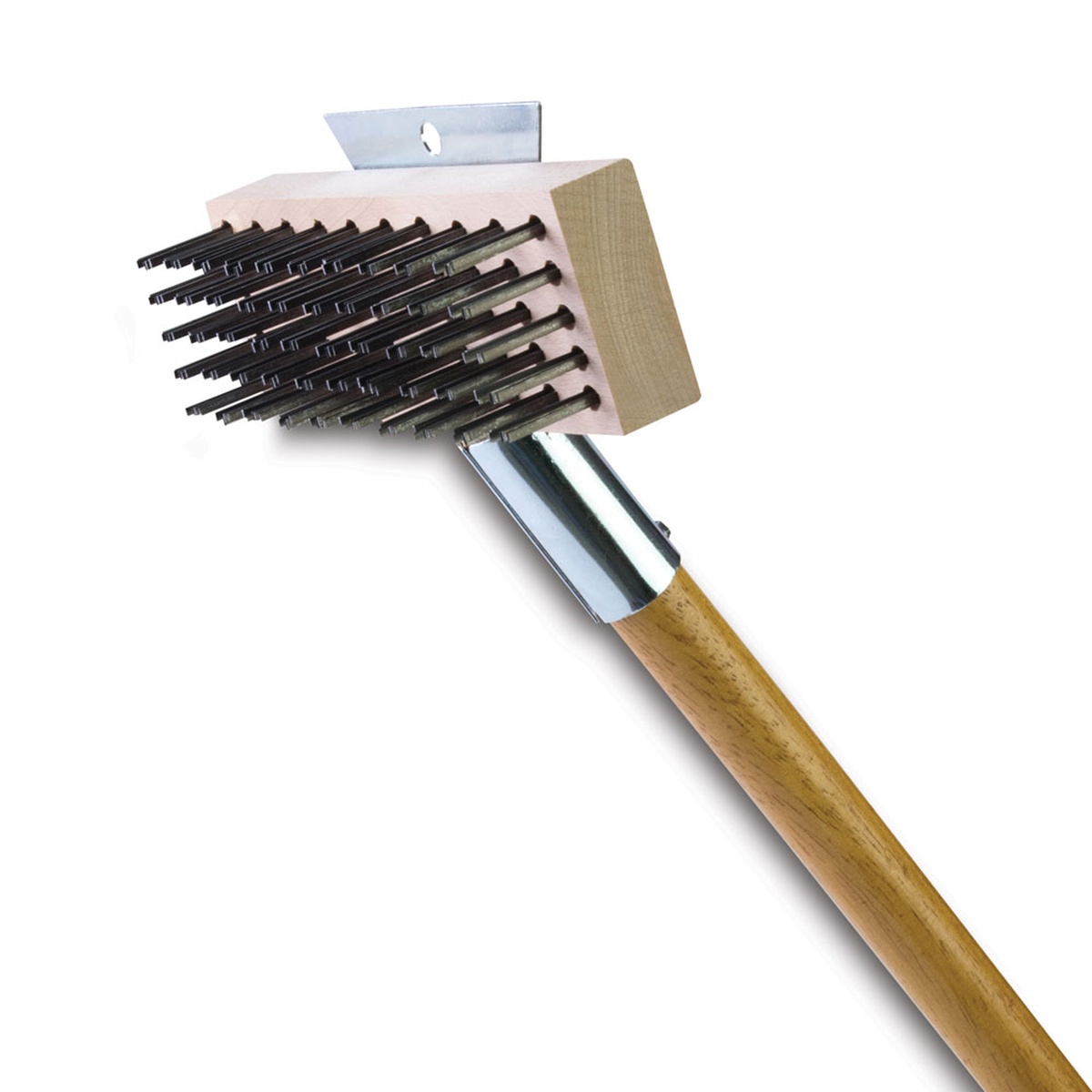 Malish BK-5 Broiler King grill brush with flat wire steel bristles, wood handle, and attached scraper blade
