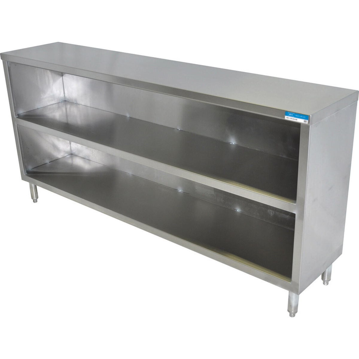 BK Resources BKDC-1536 open-front stainless steel dish cabinet with fixed shelf and adjustable legs, angled view