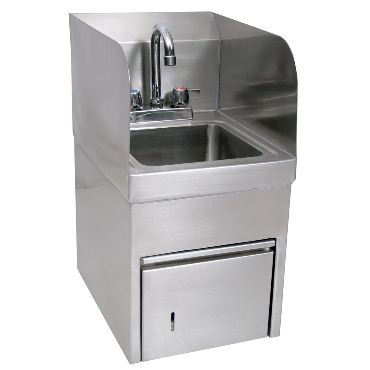 BK Resources BKHS-D-SS-SKTS-P-G wall-mounted stainless steel hand sink with gooseneck faucet, dual side splashes, and integrated front towel dispenser