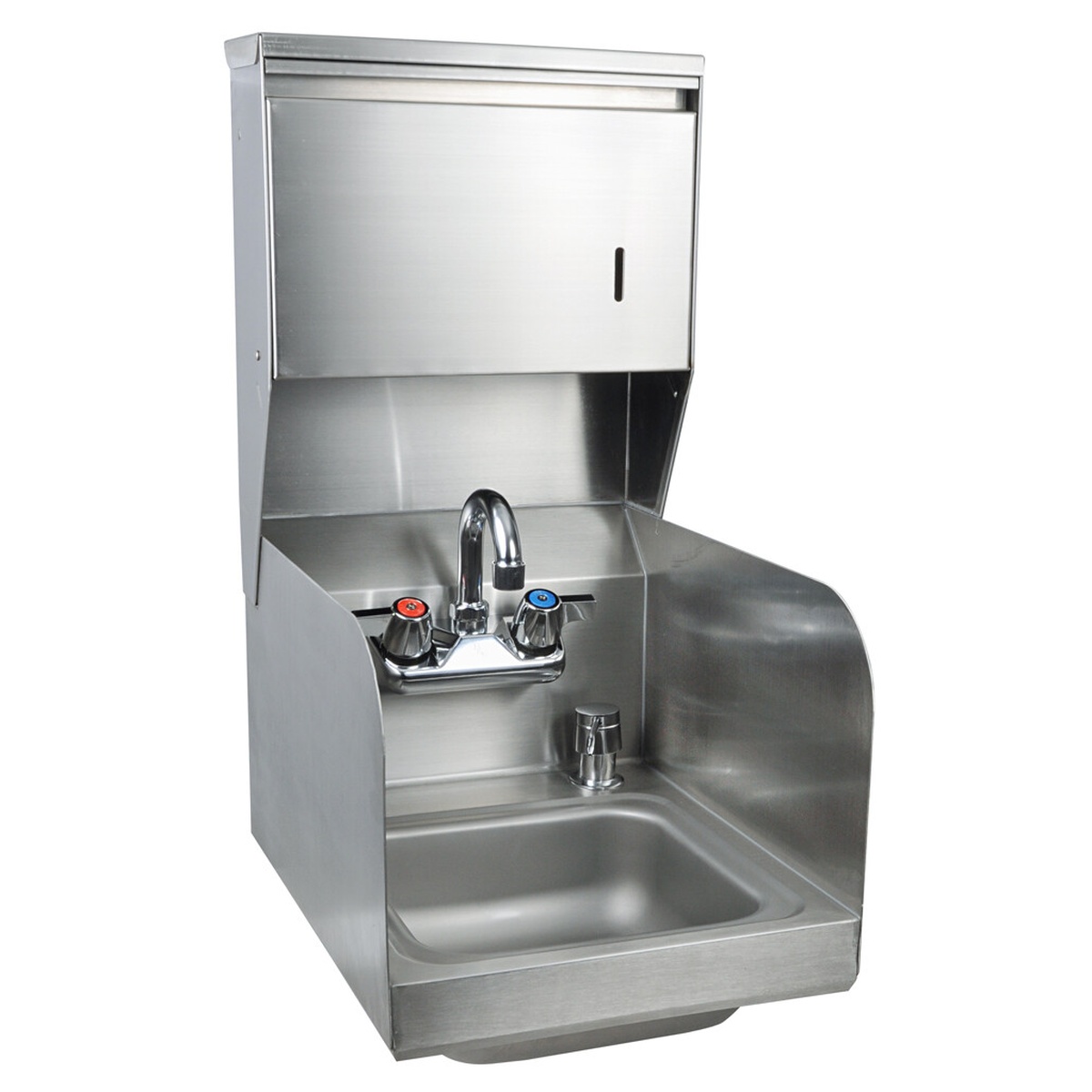 BK Resources BKHS-W-SS-SS-TD-P-G stainless steel wall-mounted hand sink with side splashes, gooseneck faucet, soap dispenser, and towel dispenser