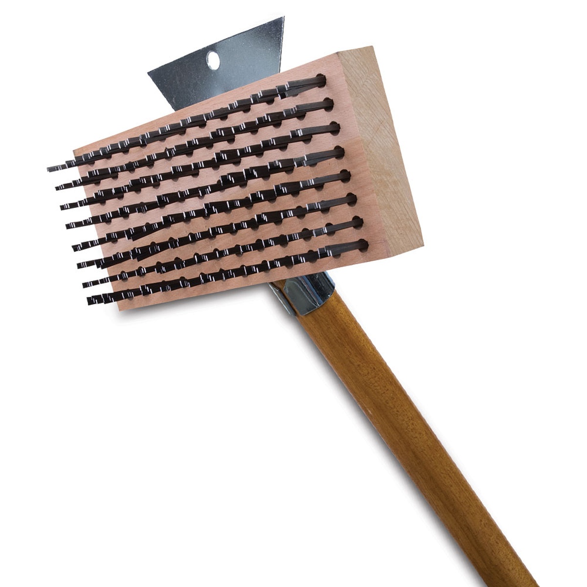 Broiler King Jumbo flat wire grill brush with wooden handle and attached metal scraper blade