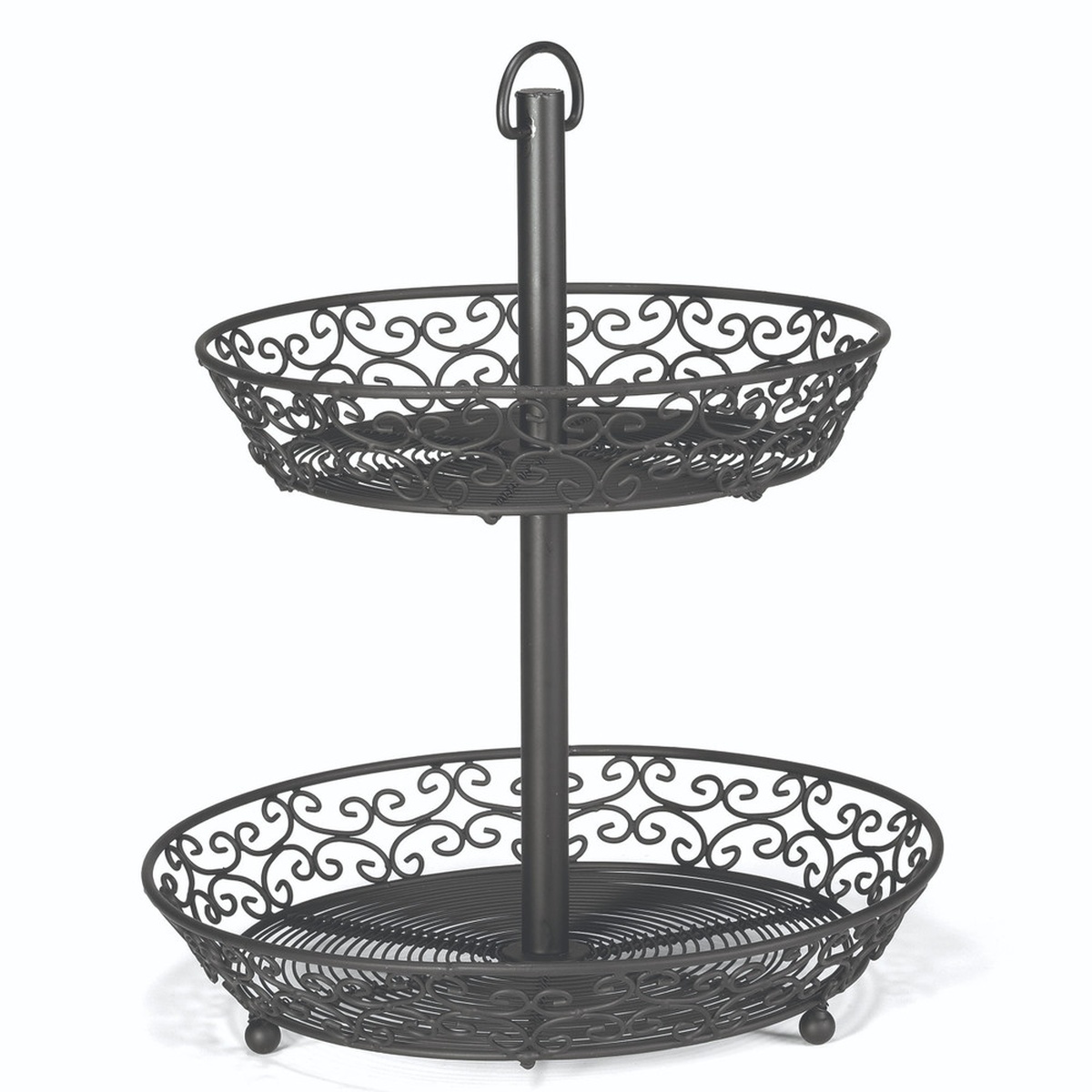 TableCraft BKT2A two-tiered black metal display basket with ornate scrollwork side panels, ball feet, and decorative ring handle on central post