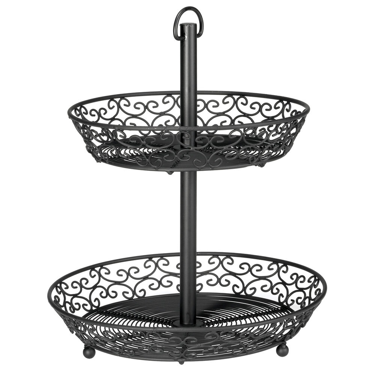 TableCraft BKT2A two-tier black metal Mediterranean display basket with scroll-work sides and ball-feet legs