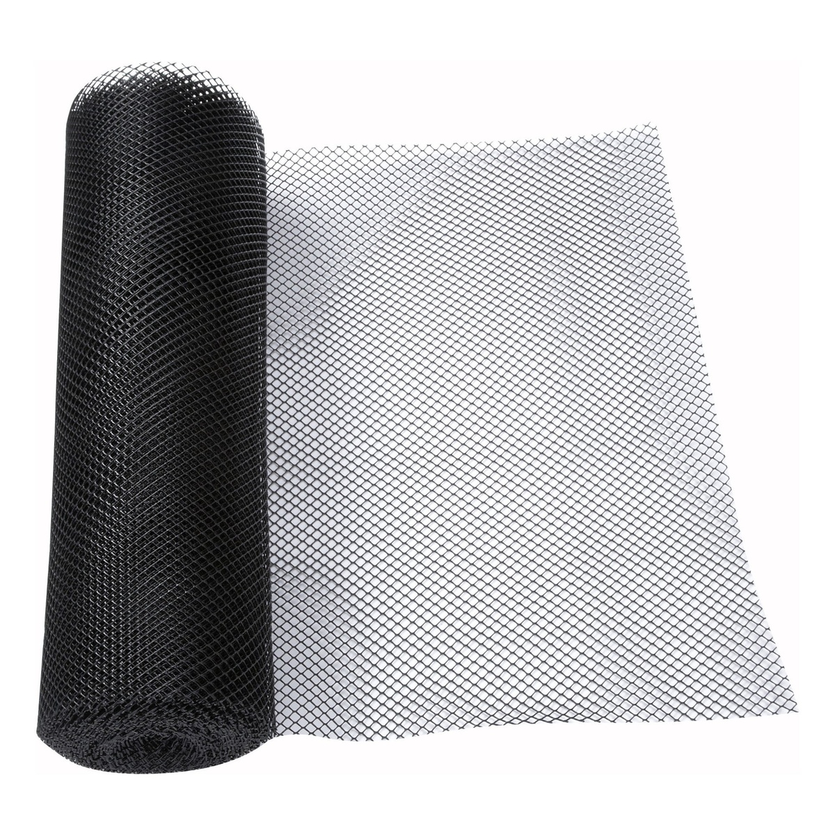 Winco BL-240K black plastic mesh bar liner roll partially unrolled showing diamond pattern weave