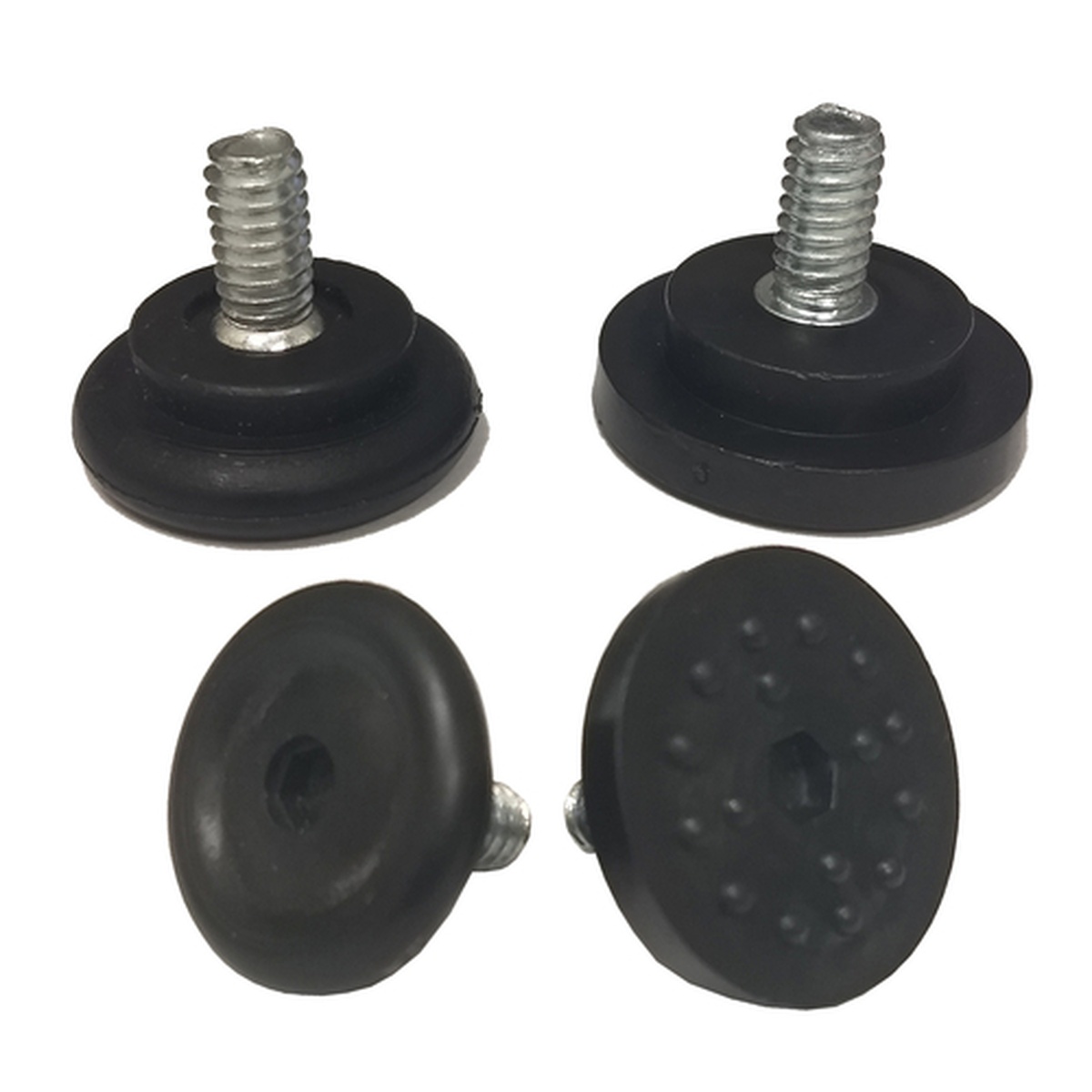 Oak Street BL522-NL black nylon adjustable table base leveler glides with threaded metal studs, four pieces shown